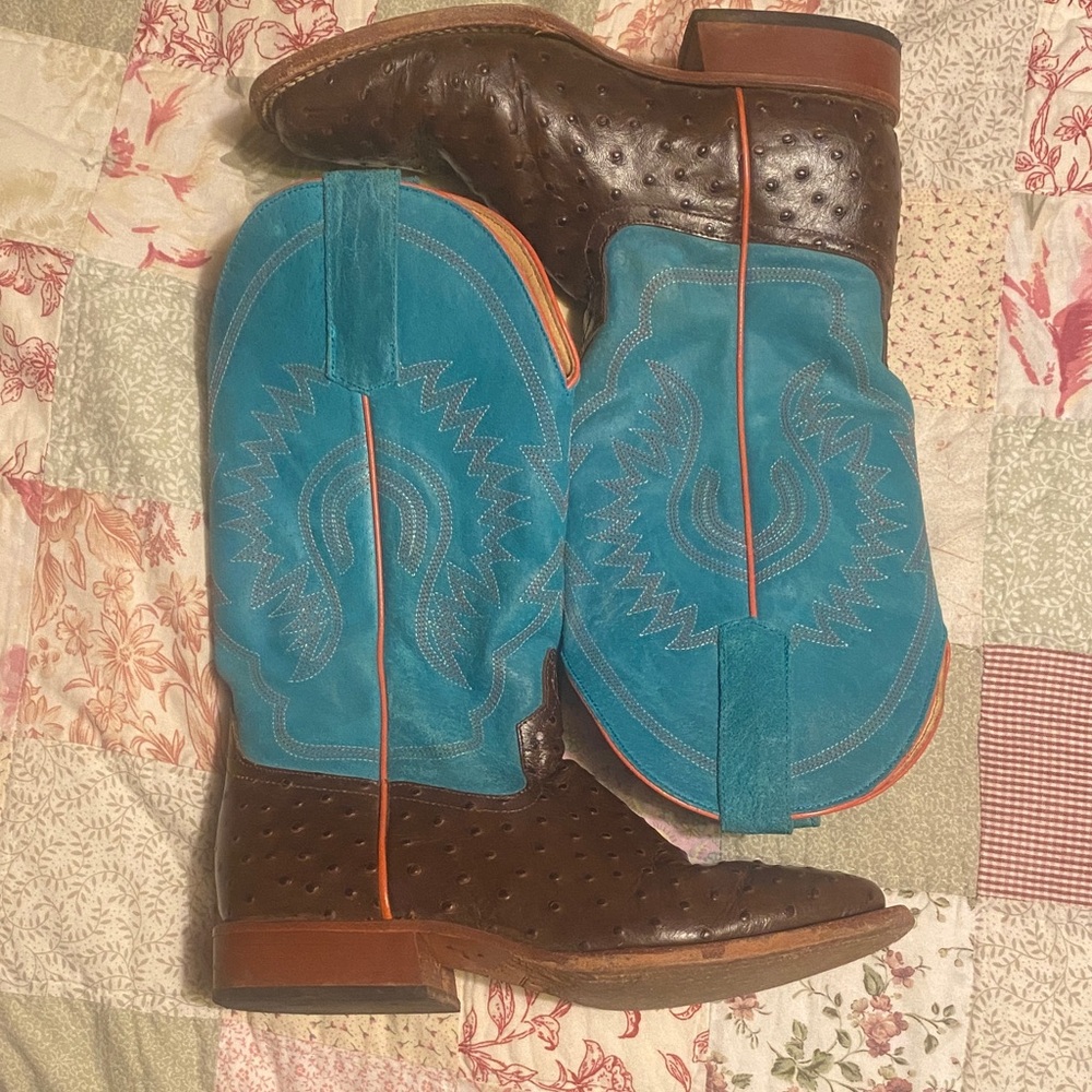 HP Top Hand Brown Ostrich Turquoise Leather Western Boots Size 6 Men 7 Women